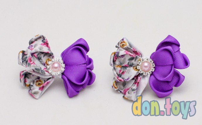 ​Резиночки Цветочки комбинированные фиолетовый разноцветный, с жемчужной серединкой и стразами, 2 шт, фото 5