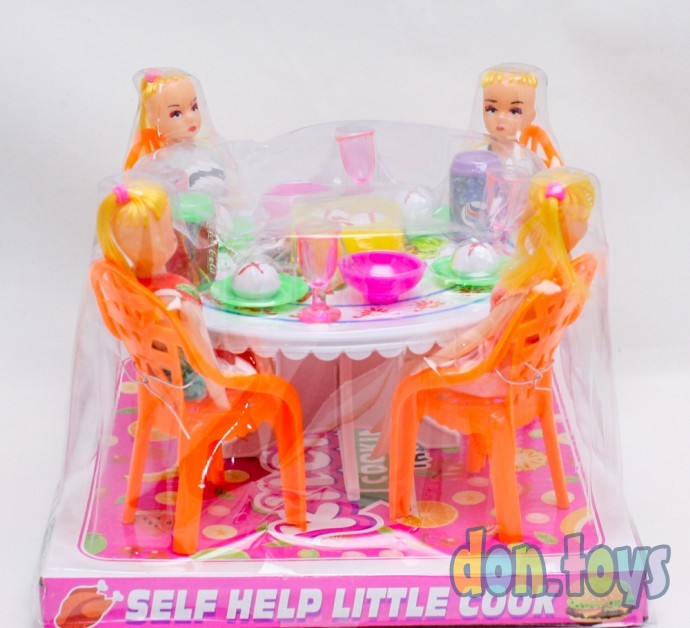 Кухонный столик для кукол, стулья, посуда, 4 куклы, фото 1