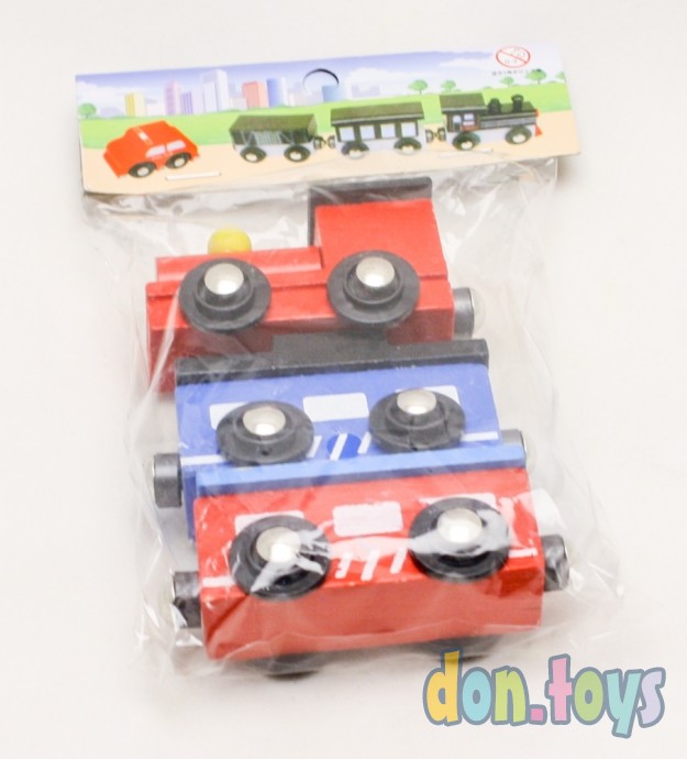 Деревянная игрушка Поезд красный магнитный, 2 вагона, 7 см, арт. ИД-0084, фото 5