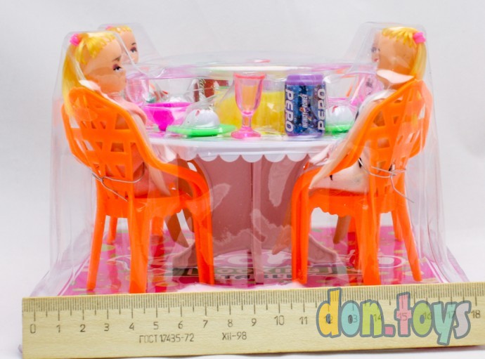Кухонный столик для кукол, стулья, посуда, 4 куклы, фото 5