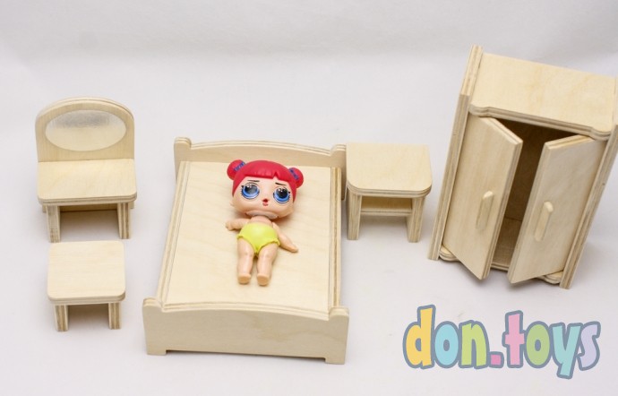 ​Мебель деревянная для кукол 10-12 см, Спальня, (ручная работа) неокрашенная, фото 24