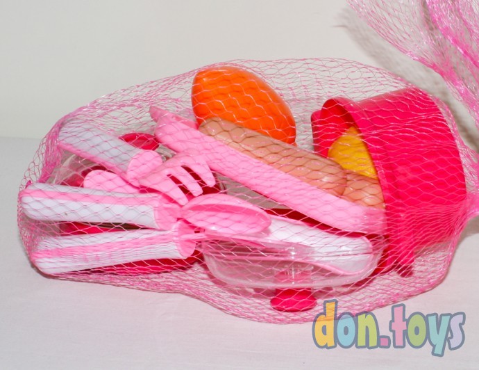 Игровой набор посуды розовый с доской и продуктами, фото 3