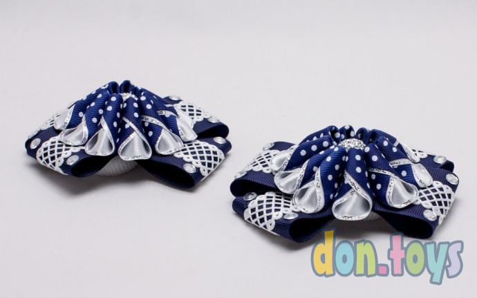 ​Резинки для волос Синие бантики с объемным синим цветочком в горошек, фото 2