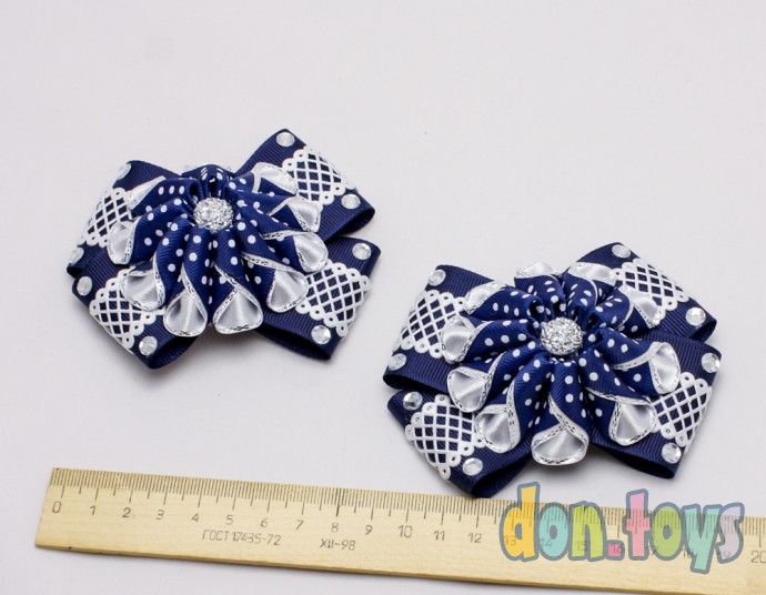 ​Резинки для волос Синие бантики с объемным синим цветочком в горошек, фото 3