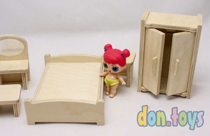 ​Мебель деревянная для кукол 10-12 см, Спальня, (ручная работа) неокрашенная, фото 2