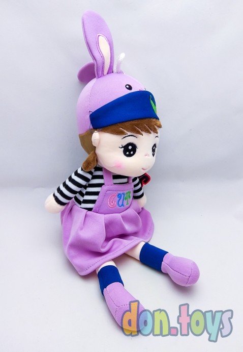 Кукла мягкая в шапочке с ушками, сиреневое платье, фото 4