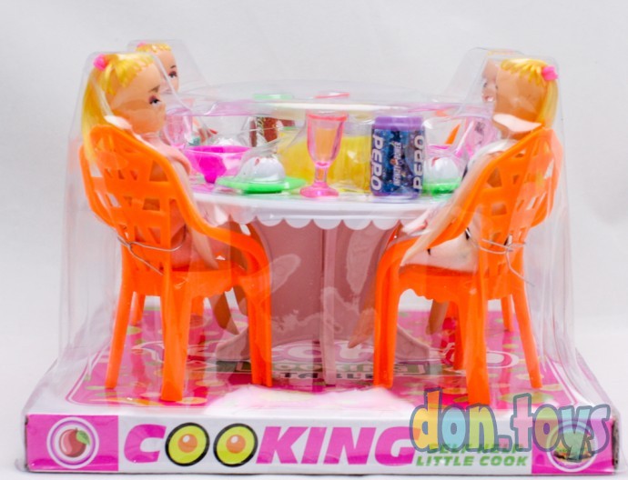 Кухонный столик для кукол, стулья, посуда, 4 куклы, фото 4