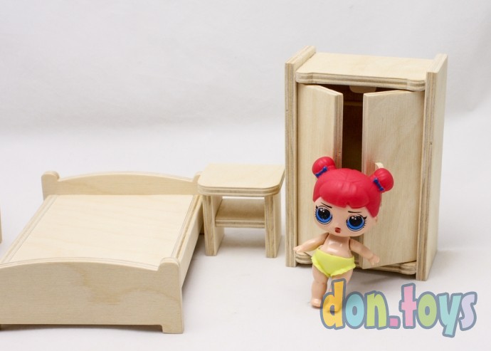​Мебель деревянная для кукол 10-12 см, Спальня, (ручная работа) неокрашенная, фото 3