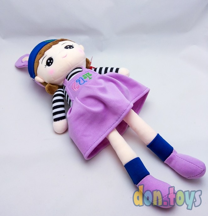 Кукла мягкая в шапочке с ушками, сиреневое платье, фото 5