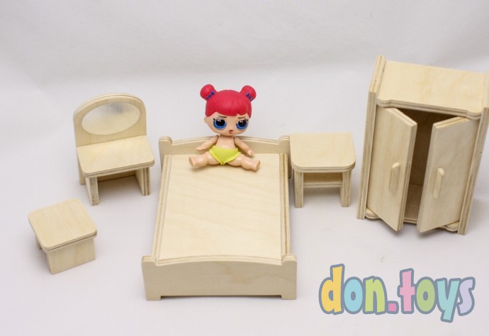 ​Мебель деревянная для кукол 10-12 см, Спальня, (ручная работа) неокрашенная, фото 5