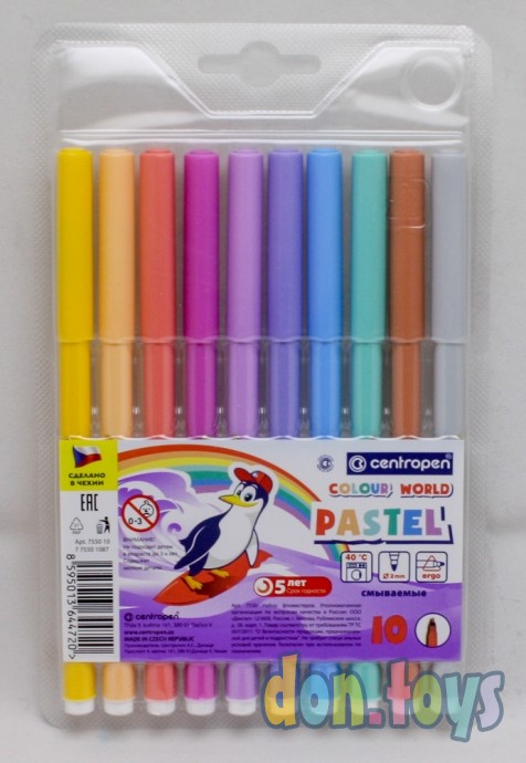 ​Фломастеры 10 цветов 2.0 мм Centropen 7550 TP Colour World Pastel, смываемые, арт. 5199873, фото 1