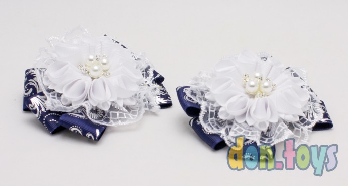 ​Резиночки для волос Синий бантики с белым цветком и красивой серединкой, 2 шт., фото 2