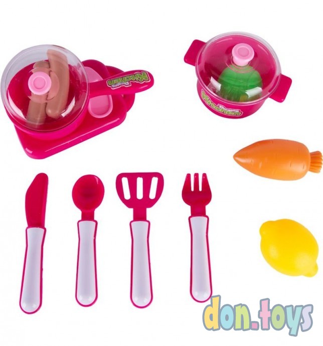 Игровой набор посуды розовый с доской и продуктами, фото 4