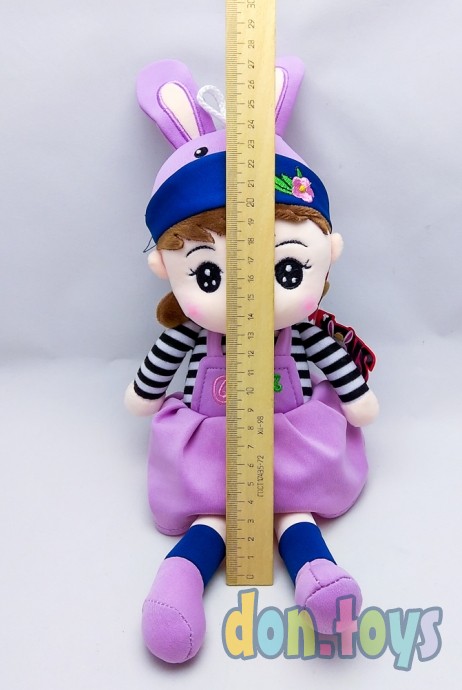 Кукла мягкая в шапочке с ушками, сиреневое платье, фото 3