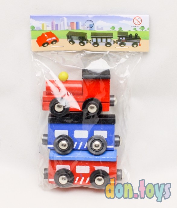 Деревянная игрушка Поезд красный магнитный, 2 вагона, 7 см, арт. ИД-0084, фото 1