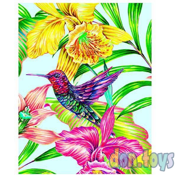 Холст с красками 30х40 см по номерам. (20 цв.) Яркая колибри в цветах, Арт.Х-6807, фото 2