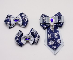 ​Школьный набор Синий с серым: 2 резинки для волос и галстук
