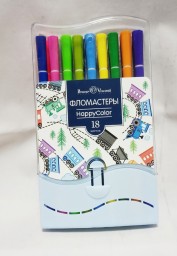 ​Фломастеры 18 цветов HappyColor, на водной основе, в пластиковом пенале, МИКС, арт. 6623840