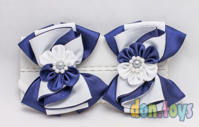 ​Резиночки для волос Бантик сине-белый с цветочком и серединкой, 2 шт., фото 3