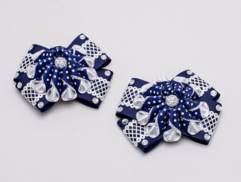 ​Резинки для волос Синие бантики с объемным синим цветочком в горошек