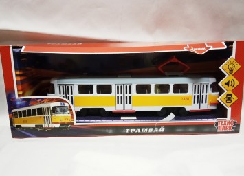 ​Модель пластик «Трамвай», 28 см, открываются двери, цвет жёлтый, световые и звуковые эффекты, арт. 