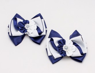 ​Резиночки для волос Бантик сине-белый с цветочком и серединкой, 2 шт.