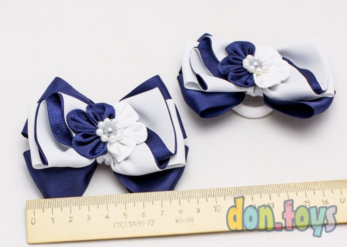 ​Резиночки для волос Бантик сине-белый с цветочком и серединкой, 2 шт., фото 4