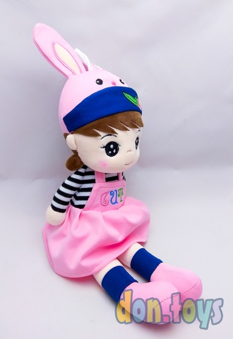 Кукла мягкая в шапочке с ушками, розовое платье, фото 5
