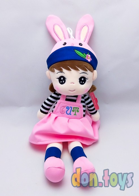 Кукла мягкая в шапочке с ушками, розовое платье, фото 1